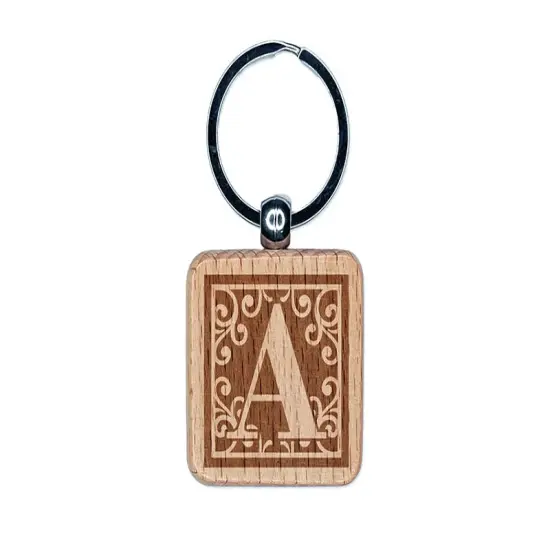 Monogram Swirls Capital Letter A Engraved Wood Square Keychain Tag Charm {1}