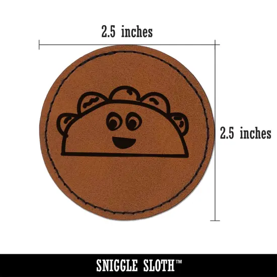 Happy Taco Doodle Round Iron-On Engraved Faux Leather Patch Applique - 2.5" Brown {2}