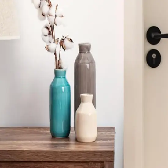 3 Pieces Flower Vase for Living Room Decor, Ceramic Vase for Farmhouse D&eacute;cor, Vases for Home D&eacute;cor, Shelf, Tall Ceramic Vase for Centerpiece Table Decorations, Grey&Peacock Blue&Off White {2}