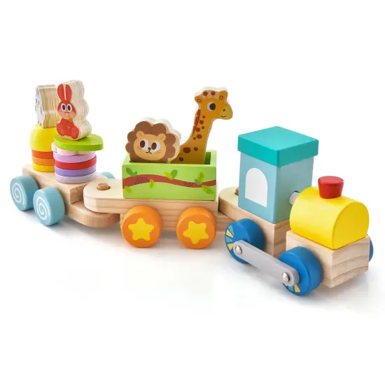 Costway Wooden Stackable Train Set Kids Educational Fun Cars with Animal Toys & Locomotive {1}