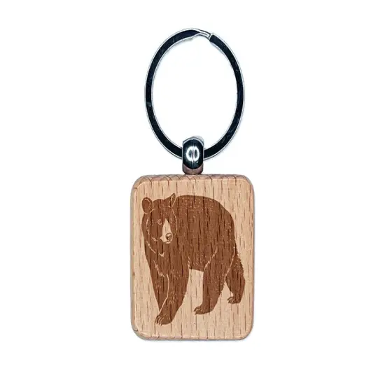 Walking American Black Bear Engraved Wood Square Keychain Tag Charm {1}