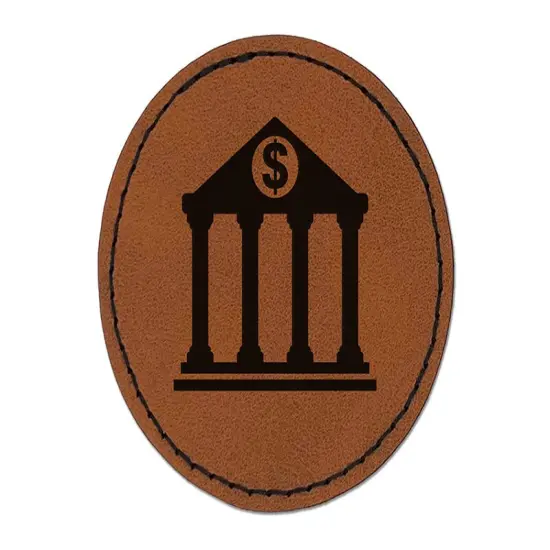 Bank Finance Money Icon Round Iron-On Engraved Faux Leather Patch Applique - 2.5" Brown {1}