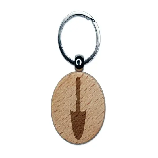 Garden Trowel Shovel Solid Engraved Wood Round Keychain Tag Charm {1}