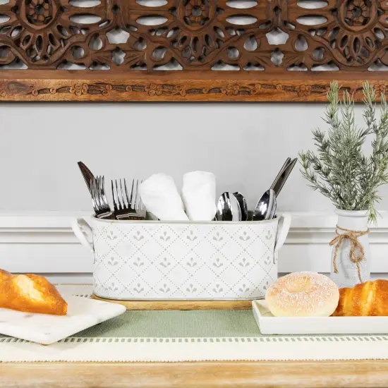 Northlight 11.25" White Oval Embossed Utensil Caddy with Side Handles and Wooden Base {3}