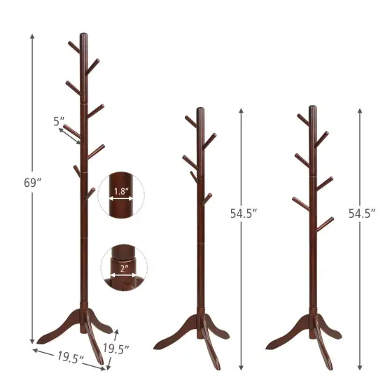 Adjustable Wooden Tree Coat Rack with 8 Hooks Brown {4}