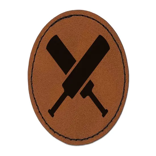 Crossed Cricket Bats Round Iron-On Engraved Faux Leather Patch Applique - 2.5" Brown {1}