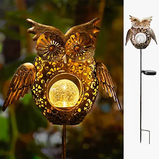 Solar Lights Outdoor Owl Decorative Metal Stakes Lights Crackle Glass Light for Lawn, Yard Art, Pathway, Patio Decor(Bronze) {3}