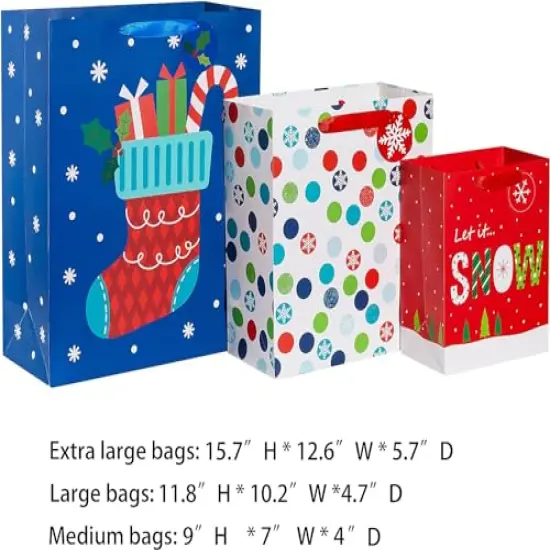 12 Pieces Christmas Gift Bags Assorted Sizes With Handle (4 Extra Large 16", 4 Large 12", 4 Medium 9") {6}
