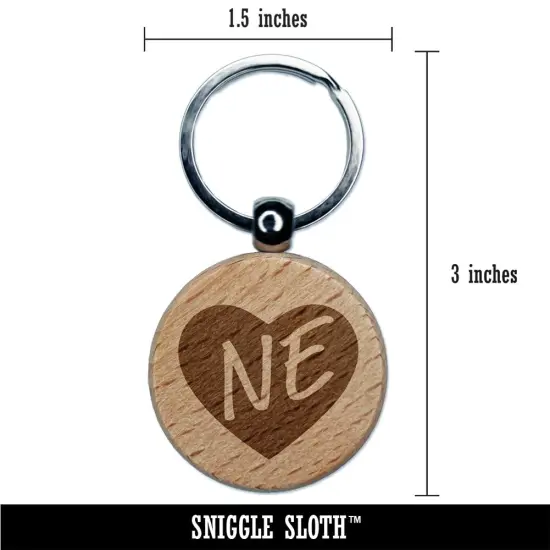 NE Nebraska State in Heart Engraved Wood Round Keychain Tag Charm {2}