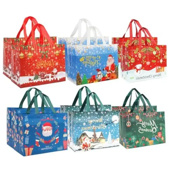 12 Pieces Large Reusable Christmas Tote Bags with Handles, Christmas Treat Bags, Multifunctional Non-Woven Christmas Bags for Gifts Wrapping, Shopping, Xmas, Party Favor Bags, 12.8" x 9.8" x 6.7" {1}