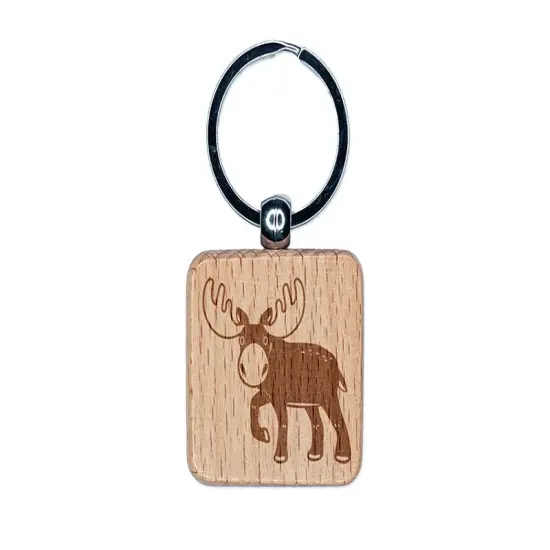 Cartoon Moose Engraved Wood Square Keychain Tag Charm {1}