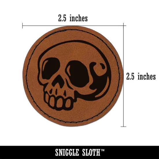 Creepy Skull Halloween Round Iron-On Engraved Faux Leather Patch Applique - 2.5" Brown {3}