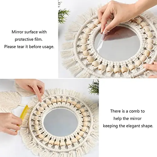 Hanging Wall Mirror-Boho Macrame Fringe Round Decorative Mirror with Wood Beads Feather Pendant，Art Ornament for Apartment Home Bedroom Living Room {4}