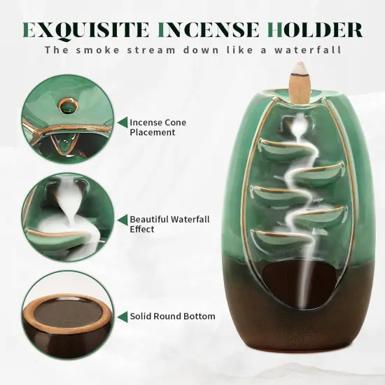Backflow Incense Burner, Ceramic Waterfall Incense Burner Holder with 120 Incense Cones and 30 Incense Sticks Incense Fountain Smoke Waterfall for Meditation Zen Spiritual Room Home Decor, Cyan {1}