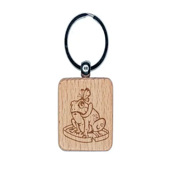 Hungry Frog with Butterfly Engraved Wood Square Keychain Tag Charm {1}