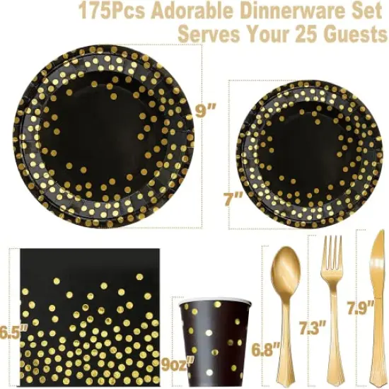 175 Pieces Black and Gold Party Supplies, Severs 25 Disposable Party Dinnerware Gold Plastic Forks Knives Spoons and Golden Dot Black Paper Plates Black Napkins Cups for New Years Graduation Birthday {1}