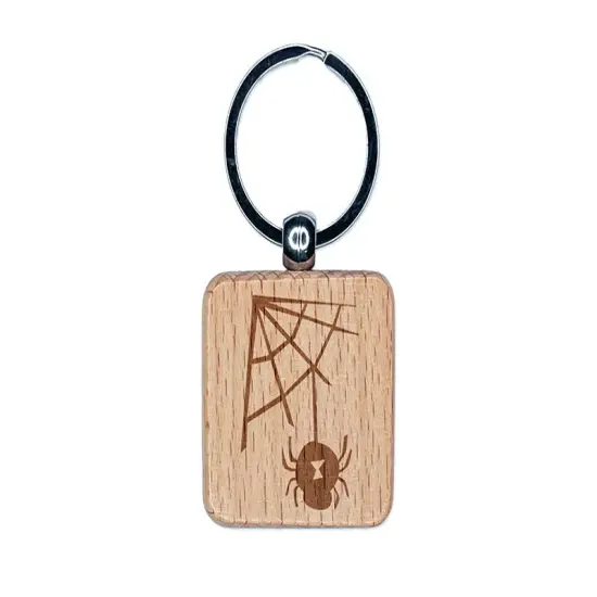 Black Widow Spider and Web Halloween Doodle Engraved Wood Square Keychain Tag Charm {1}