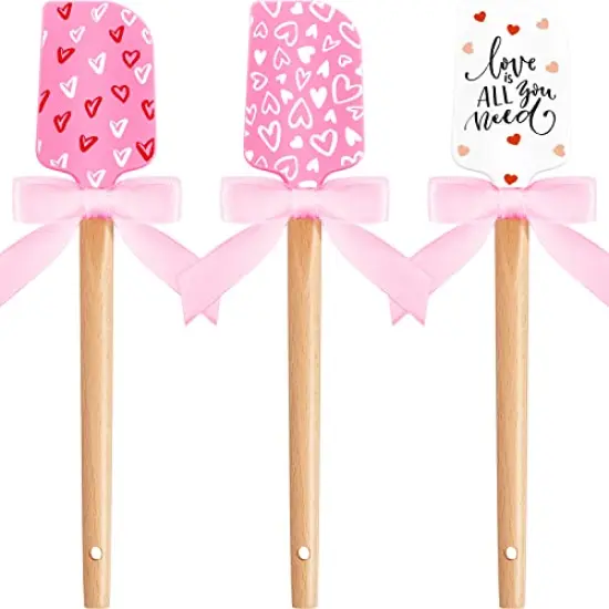 3 Pieces Valentine's Day Silicone Spatulas with Wooden Handles Valentine Pattern Heat Resistant Baking Spatulas Silicone Spatulas with Pink Satin Ribbon Bows for Baking, Cooking and Sauteing {2}