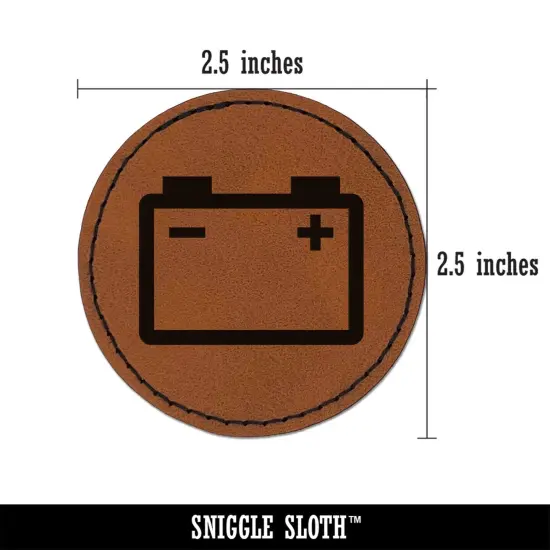 Car Battery Icon Round Iron-On Engraved Faux Leather Patch Applique - 2.5" Brown {3}