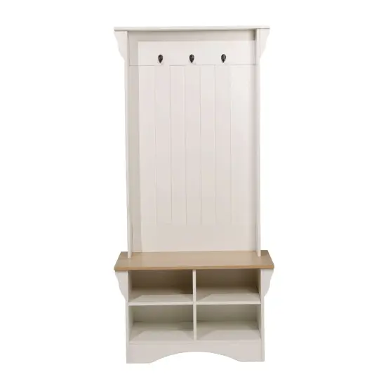 Merrick Lane Whitman Hallway Tree with Bench Seating, 3 Single Coat Hooks and Lower Storage with Adjustable Shelves WeatheredNat/White {3}