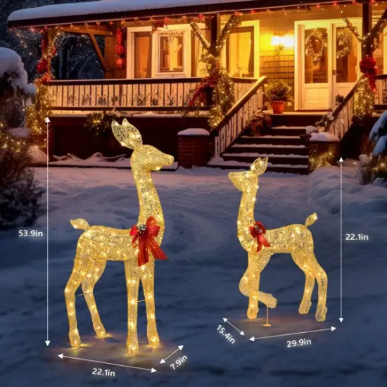 2-Piece Lighted Christmas Deer Family, Outdoor Yard Decoration Set with 210 LEDs Warm White Light, Gold {2}