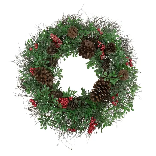 Northlight 24" Glittered Pine Cone and Red Berry Artificial Christmas Wreath - Unlit Green {1}