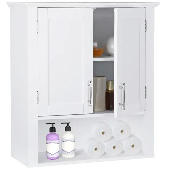 White Wall Cabinet 2-Door Hanging Storage Shelf Bathroom. {1}