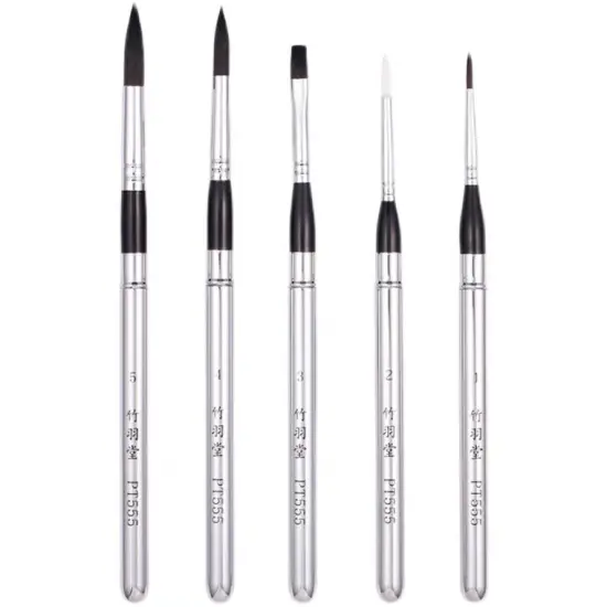 ZY TANG Silver Variety Bristle Travel Collapsible Mini Watercolor Brush Round, Flat Sliver Handle Vegan Brush Artists Gifts {3}