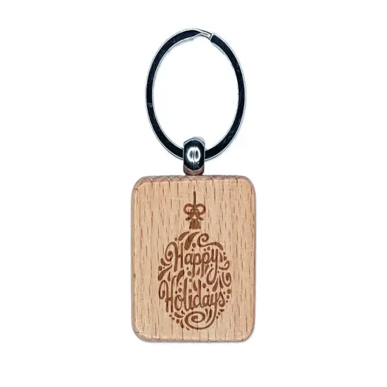 Happy Holidays Cursive on Ornament Christmas Engraved Wood Square Keychain Tag Charm {1}