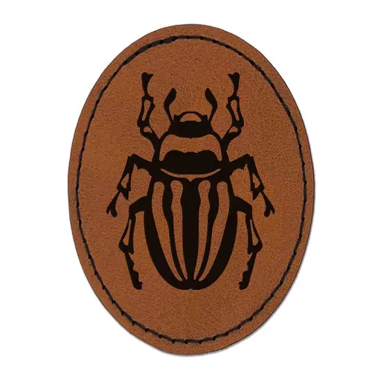 Round Striped Potato Beetle Bug Insect Round Iron-On Engraved Faux Leather Patch Applique - 2.5" Brown {1}