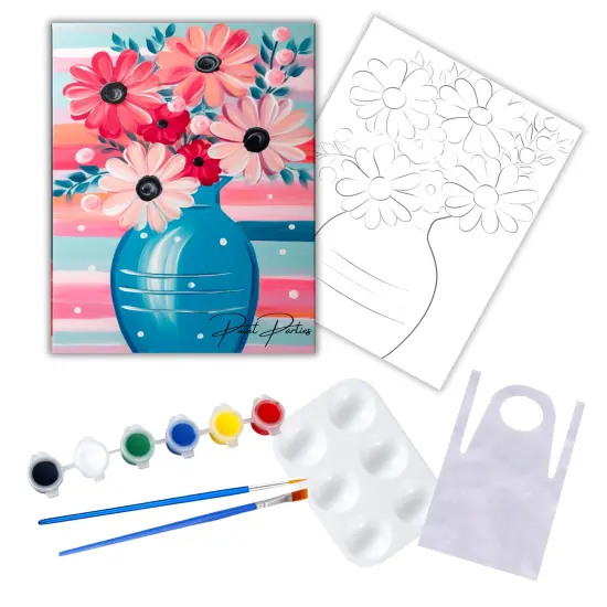 "Pink Bouquet In Blue Vase" DIY Canvas Art Kit, Adult Beginner, Acrylic Paint Size 11x14 inch {1}
