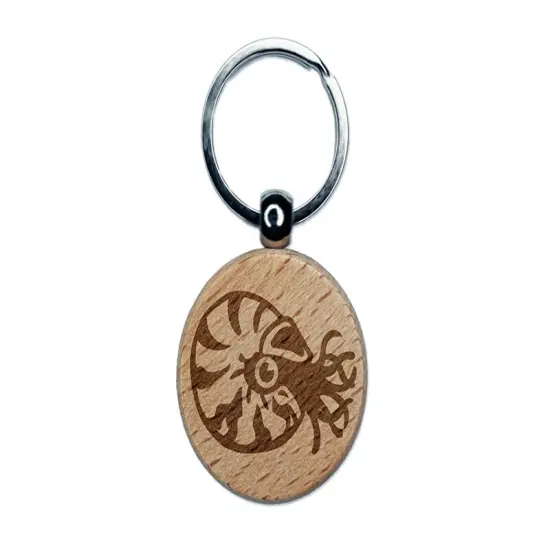 Charming Chambered Nautilus Sea Ocean Creature Engraved Wood Round Keychain Tag Charm {1}