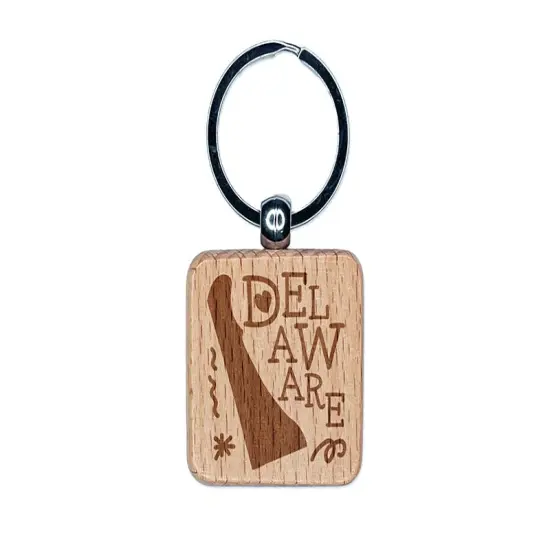 Delaware State with Text Swirls Engraved Wood Square Keychain Tag Charm {1}