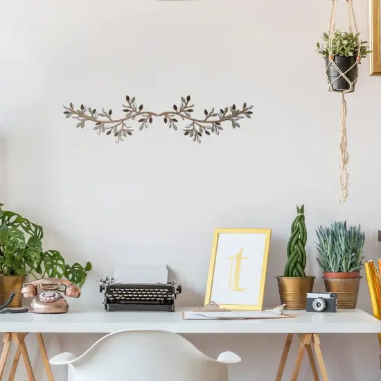 2 PCS Metal Tree Leaf Wall Decor Vine Olive Branch Wall Art Wrought Iron Scroll Sculptures Above the Bed, Living Room, Outdoor Decoration Multicolor {3}