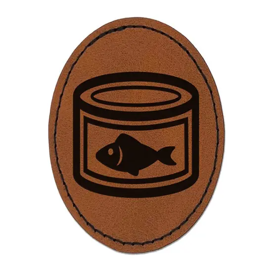 Can of Tuna Fish Round Iron-On Engraved Faux Leather Patch Applique - 2.5" Brown {1}