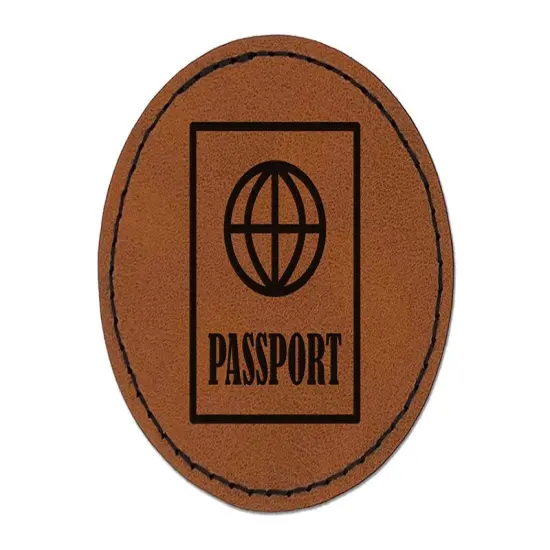 Passport Travel Round Iron-On Engraved Faux Leather Patch Applique - 2.5" Brown {1}