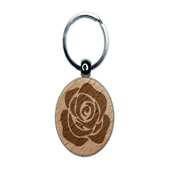 Rose Flower Solid Engraved Wood Round Keychain Tag Charm {1}