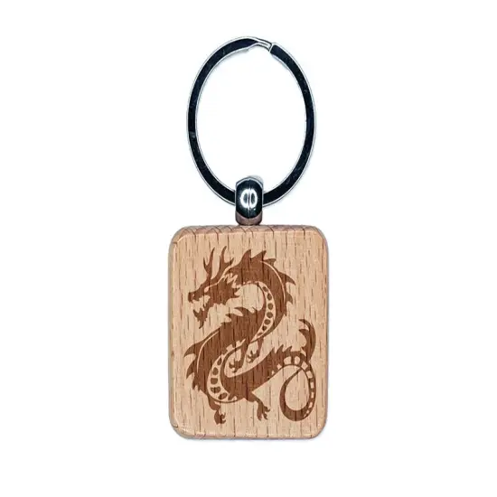 Asian Long Dragon Chinese Mythological Creature Engraved Wood Square Keychain Tag Charm {1}