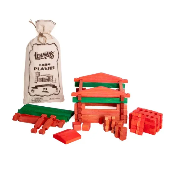 Lehman's Toy Log Farm Playset, Classic American Made Building Set, 73 Interlocking Wooden Pieces in Handy Storage Bag {1}
