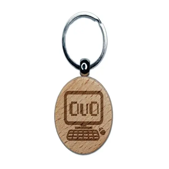 Happy Kawaii Computer Face Emoticon Engraved Wood Round Keychain Tag Charm {1}