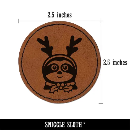 Sloth Reindeer Christmas Round Iron-On Engraved Faux Leather Patch Applique - 2.5" Brown {3}