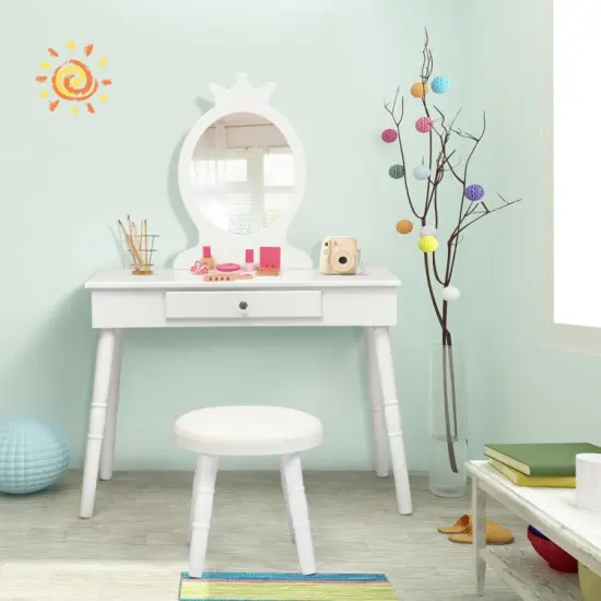 Kids Wooden Princess Makeup Table with Cushioned Stool {5}