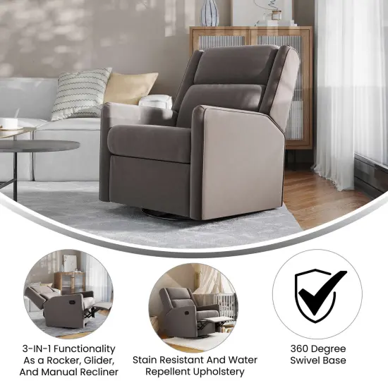 Merrick Lane Dara 3-in-1 Traditional Manual Recliner Rocker Swivel Glider Chair Light Gray {8}