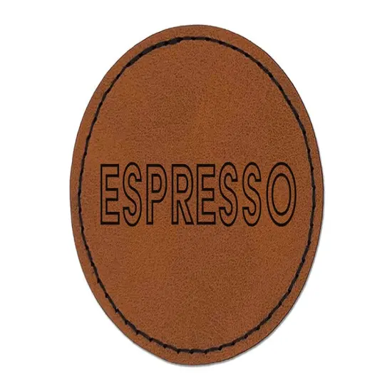 Espresso Coffee Fun Text Round Iron-On Engraved Faux Leather Patch Applique - 2.5" Brown {1}