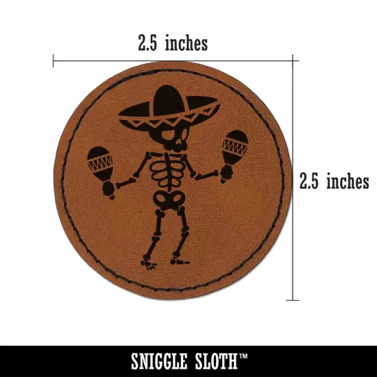 Day of Dead Skeleton with Sombrero and Maracas Round Iron-On Engraved Faux Leather Patch Applique - 2.5" Brown {3}