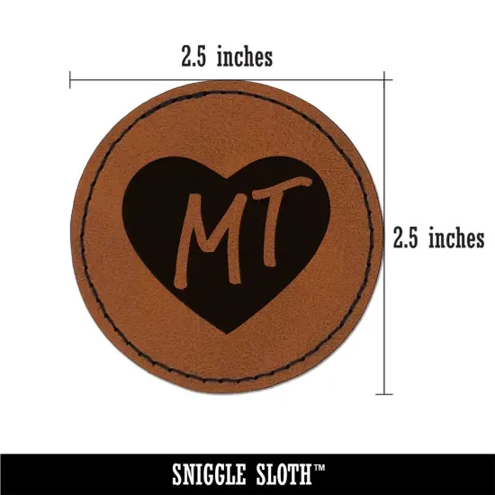 MT Montana State in Heart Round Iron-On Engraved Faux Leather Patch Applique - 2.5" Brown {3}