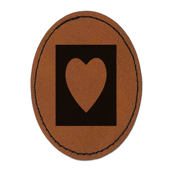 Heart In Box Round Iron-On Engraved Faux Leather Patch Applique - 2.5" Brown {1}