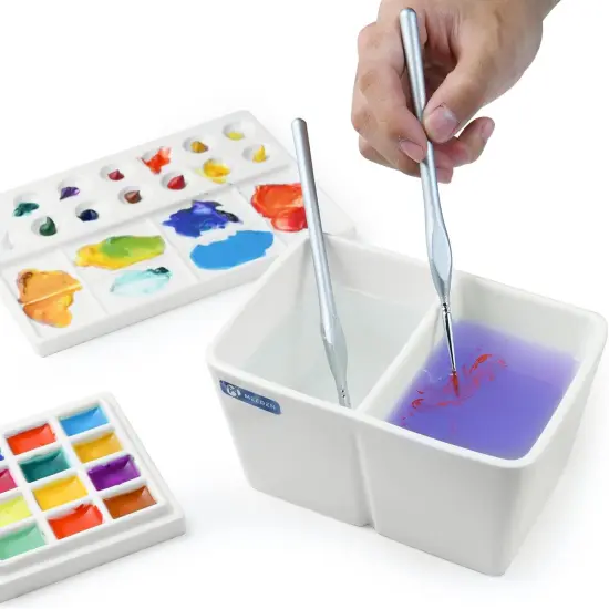 MEEDEN Ceramic Paint Palette, Paint Brush Wash Bowl, 2 Deep Well Artist Paint Palette, White Porcelain Watercolor Painting Dish, Large Capacity Paintbrush Washer for Watercolor Gouache Painting {6}