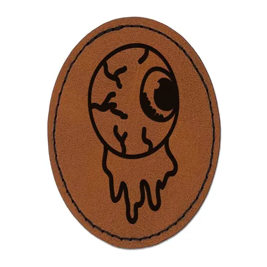 Oozing Eyeball Halloween Round Iron-On Engraved Faux Leather Patch Applique - 2.5" Brown {1}