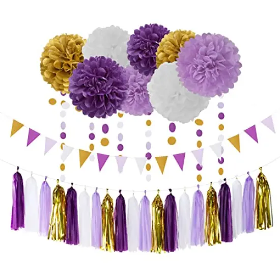 30 Pieces Purple Gold Valentines-Day Graduation Decorations - Kits Lavender White Paper Flowers,Banner Flags,Tassel Streamer Garland Engagement Girl Baby Bridal Shower Party Decoration Lasting Surprise {2}